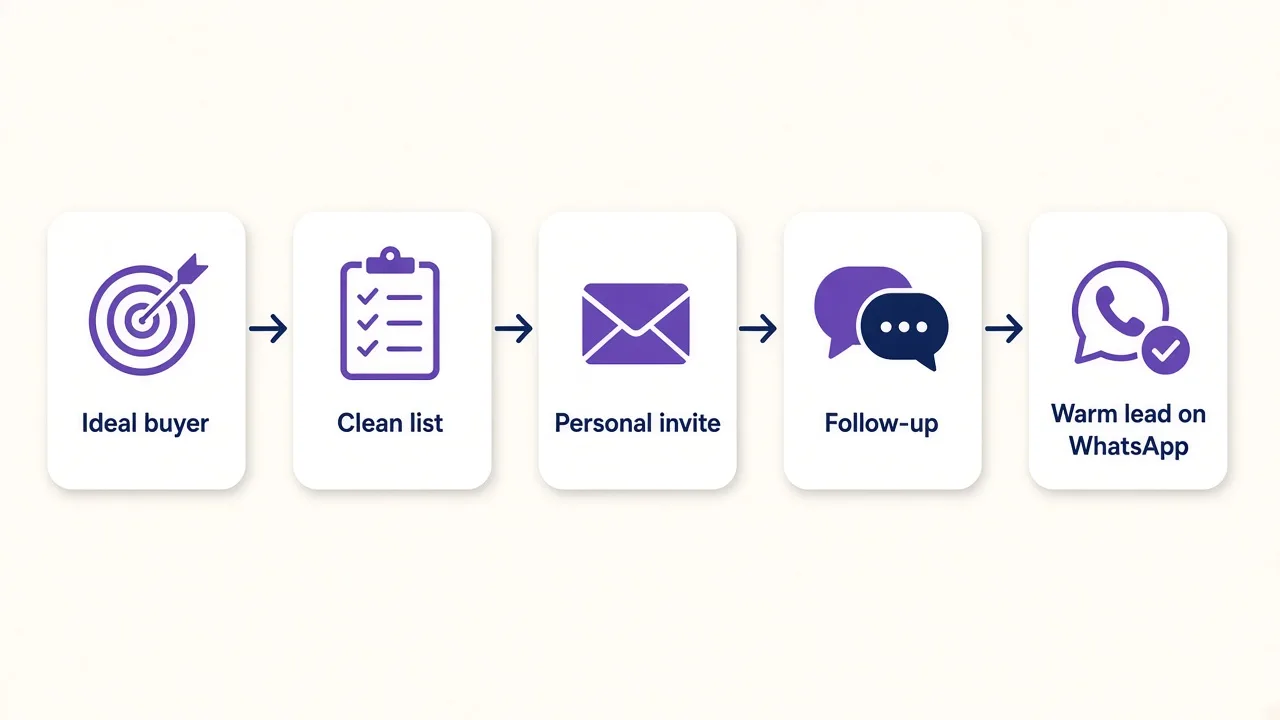 Flow of a LinkedIn lead generation service: ideal buyer, list, personal invite, follow-up, warm lead handed to the sales team on WhatsApp