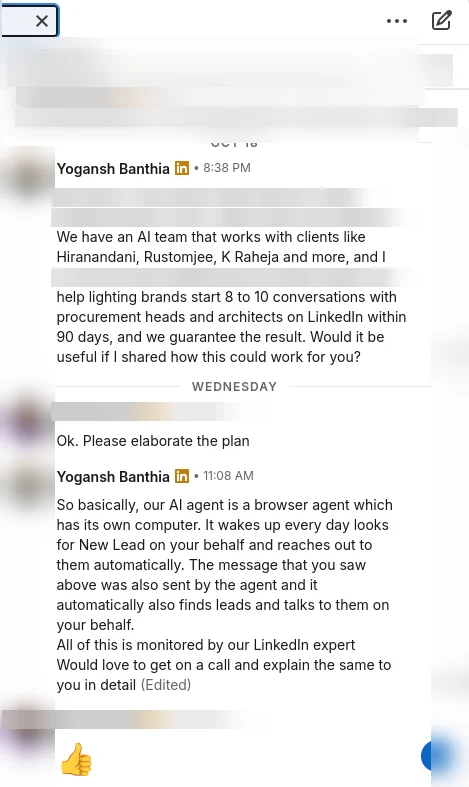 Real LinkedIn reply, names blurred: Managing Director of an architectural lighting brand asks to elaborate the plan, and we explain how the AI agent works and ask for a call