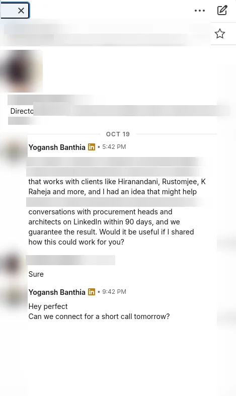 Real LinkedIn reply, names and company blurred: Director at a sanitaryware manufacturer replies sure, and we ask for a short call