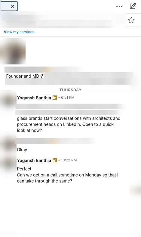 Real LinkedIn reply, names blurred: Founder and MD of a window and glazing systems company replies okay, and we ask for a Monday call