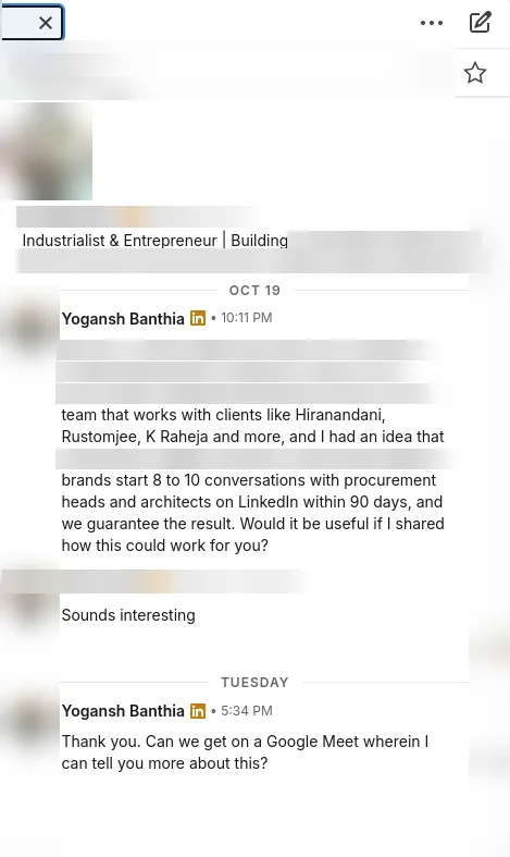 Real LinkedIn reply, names blurred: industrialist in bath fittings manufacturing replies sounds interesting, and we propose a Google Meet