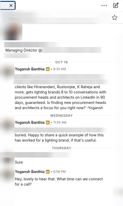 Real LinkedIn reply, names and company blurred: Managing Director of a lighting company replies sure after a follow-up