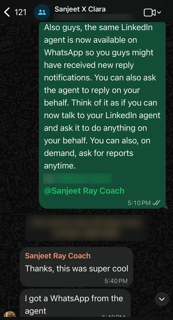 WhatsApp group screenshot: Sanjeet Ray Coach replies "Thanks, this was super cool" and "I got a WhatsApp from the agent". Other participants are blurred.
