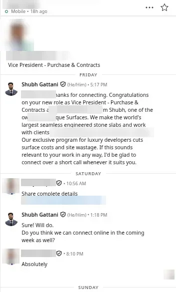VP Purchase & Contracts, real-estate developer: "Share complete details", then "Absolutely" to talking online