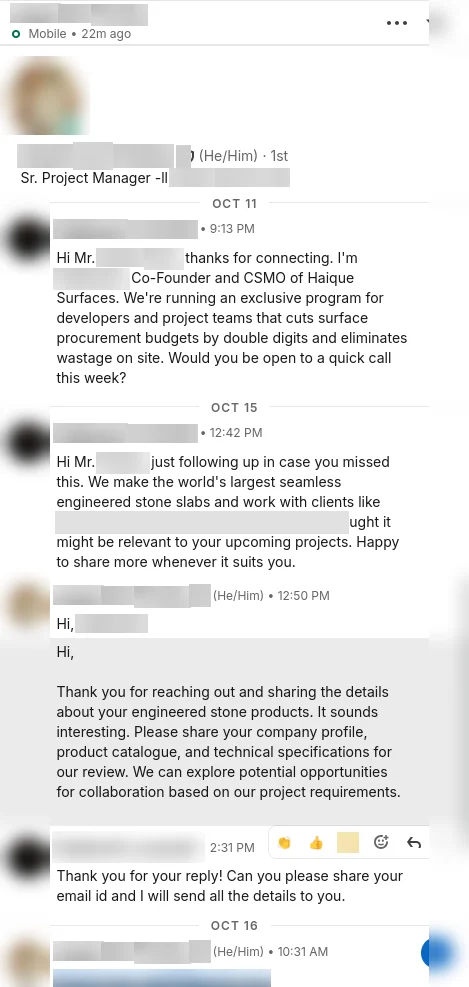 Sr. Project Manager, developer's stone division: asked for the company profile, catalogue and specs